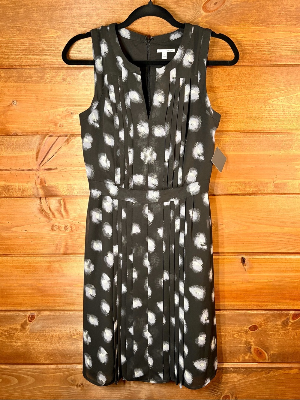 NWT Halogen Sleeveless Pleated Dress Black Ivory Dot Print Size 2 Nordstrom 🖤